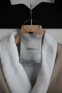 Somuti scented sachet hanging on a bathrobe hanger